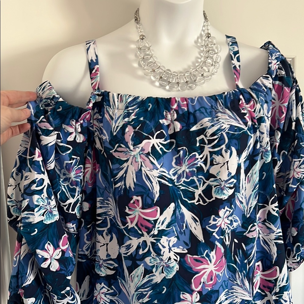 Floral Off-Shoulder Top - Blue and Pink